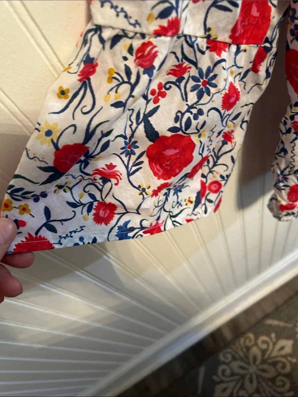 J. Crew White Floral Boatneck Blouse with Red and Blue Print
